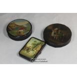 Two Victorian circular papier mache patch boxes, one with landscape view, the other with a couple '