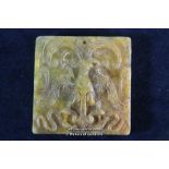 A Chinese square hardstone pendant carved with a phoenix, 5cm.