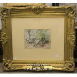*English school, watercolour, tree with fence, 2 xxx 30cm, ornate gilt frame.
