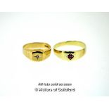 9ct yellow gold signet ring set with small diamond, ring size P, and a band ring set with a ruby, in