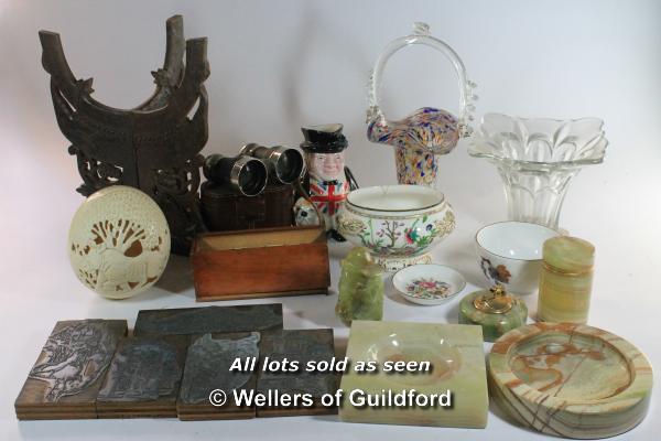*A job lot of assorted items including printers' blocks, china, an ostrich egg, etc.