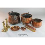 Copper wares comprising three circular vessels with swing handles, rectangular box with rounded ends