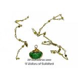 *Yellow metal fancy link chain stamped 14ct (broken), with a green stone pendant mounted in yellow