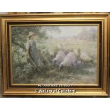 *Modern oil on canvas, girl with sheep, 36.5 53cm.
