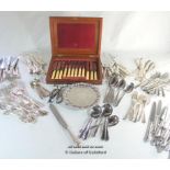 Two part suites of silver plated cutlery, one by Elkington; a pair of plated candle snuffers; a