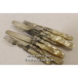 *VICTORIAN SOLID STERLING SILVER AND MOTHER OF PEARL TEA KNIFE / FORK SET 1859 [LQD79](LOT SUBJECT