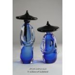 Two Murano glass Chinamen wearing coolie hats, one standing and one kneeling, both with long plaits,