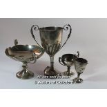 *Silver twin handled pedestal dish, two silver cups, 400g; silver plated cup.