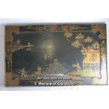 *A Chinese pictorial painted wooden panel depicting figures in a garden, 46 x 76.5cm