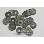 Twenty eight old Chinese coins.