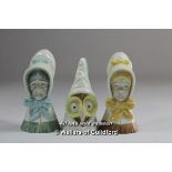 Three Royal Worcester candle snuffers: Owl, Young Girl and Old Woman, printed black marks.