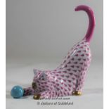 Herend porcelain cat playing with a ball, 13cm high.