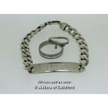 *Silver identity bracelet, a Pandora ring and another silver ring, gross weight 40.5 grams (Lot