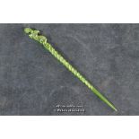 A Chinese green hardstone hairpin, 19cm long.