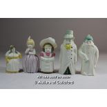 Five Royal Worcester candle snuffers: Budge, Feathered Hat, Hush, French Cook and Toddie.