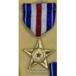 *American silver star medal with ribbon and lapel pin, in original box