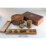 Two mahogany boxes with conch shell inlay; tambour top pencil box; modern brass inlaid cylindrical