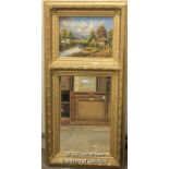 A 20th Century trumeau mirror, the painted panel depicting a rural village by a lake, bevelled