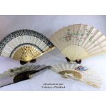 A Chinese fan, the silk leaf painted with flowers, bone guardssticks; three further fans.