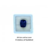 Loose sapphire stone, natural cushion cut blue sapphire weighing 8.15cts, heat treated, with GGl