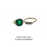 Green paste set ring, in yellow and white metal stamped 9ct and silver, and a rolled gold ring set