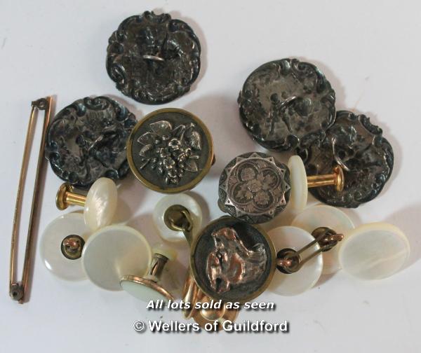 A set of four silver buttons, import mark for London 1903; 14kt gold stud; gold plated tiepin; three