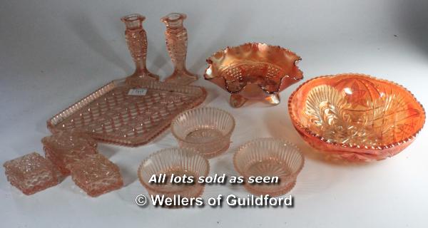 Two carnival glass bowls and a 1920's pink glass dressing table set.