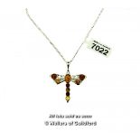 Amber dragonfly pendant, mounted in white metal tested as silver, on a white metal chain stamped