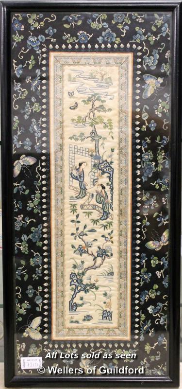 Two Chinese embroidered silk panels, framed and glazed, the wider 62 x 30.5cm. - Image 3 of 3