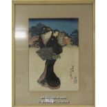 Utagawa Kunisada, Japanese woodblock print, woman with a child on her back, signed, 37 x 25cm.