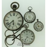 Four vintage pocket watches, including a ladies' silver pocket watch with white enamel dial with a