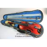 *Modern Boosey & Hawkes violin, length of back 33.5cm, with bow and case.