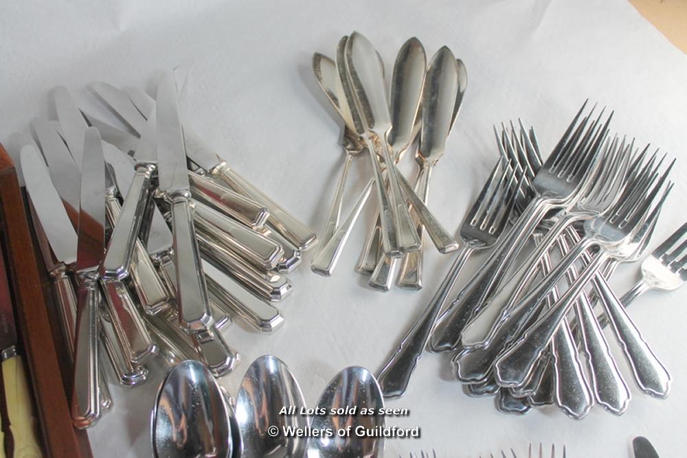 Two part suites of silver plated cutlery, one by Elkington; a pair of plated candle snuffers; a - Image 6 of 12