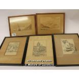 Five small pictures, two watercolours signed J Palour with three prints of Norwich