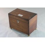 Early 19th Century crossbanded mahogany tea caddy with three divisions, 20cm wide.