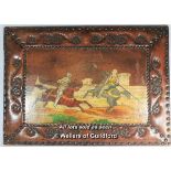 *An embosssed and painted leather panel depicting joussting knights, 50 x 70cm.