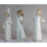 Lladro figure of girl in night clothes; two Nao figures of children (3)