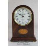 A modern inlaid mahogany mantle clock by Knight & Gibbins, London.