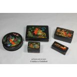 Four modern black lacquer boxes painted in the USSR; one slightly older example painted with horse