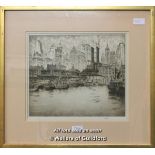 Vintage etching of New York city docks, signed indistinctly in pencil, 28 x 32.5cm.