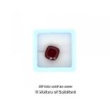 Loose ruby stone, natural cushion cut ruby weighing 6.45cts, heat treated, with GGl Certificate of