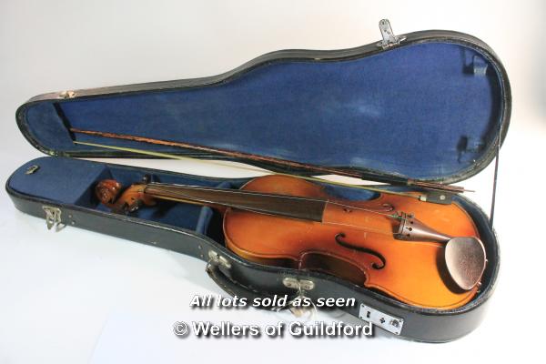 *Violin with two piece back, length of back 36cm, wwith bow and case.