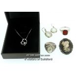 *Silver heart necklace set with a cubic zirconia, an abalone cameo brooch, a silver carnelian signet