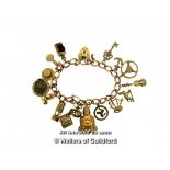 9ct gold charm bracelet with heart clasp, including ten 9ct gold charms, three charms stamped