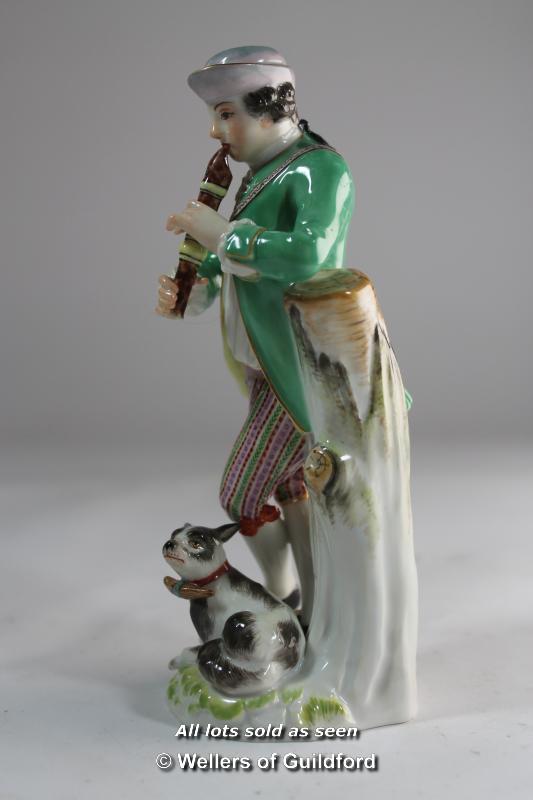 Meissen figure of a man leaning on a tree stump playing a musical instrument, a dog at his feet, - Image 2 of 5