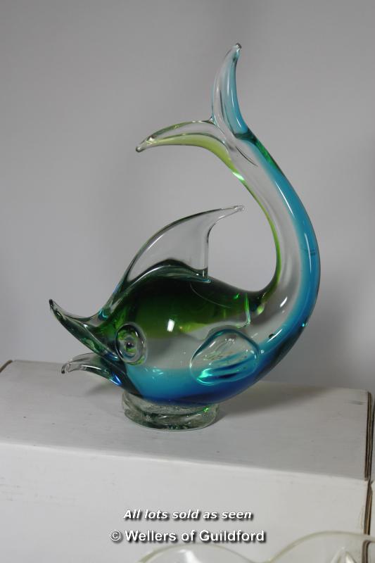 Royal Doulton stoneware hunting jug; three coloured glass bird or dolphin ornaments; large glass - Image 4 of 7