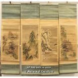 Four Chinese scroll paintings depicting landscapes,each 92 x 24.5 overall.
