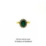 Emerald and diamond cluster ring, oval cut emerald surrounded by single cut diamonds, mounted in