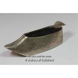 An Indian silver novelty ashtray modelled as a shoe, stamped Sterling, 8.75cm, 47g.