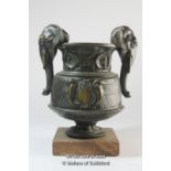 An eastern bronze vase with elephant head handles, marble base, 21cm.